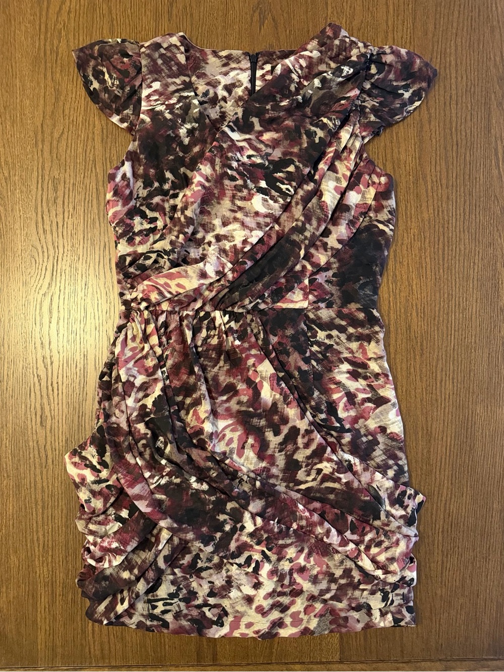 Guess Plum Multi Ruched Cap-Sleeve Mini Dress - Picture 1 of 5